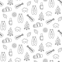 Seamless Doodle Pattern with Bear and Bonfire. Hand drawn. Black and white line art. Hand drawn. For textiles, clothes, backgrounds, postcards. Travel, hiking and camping concept. Vector illustration.