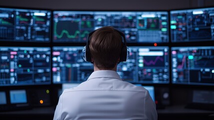 Futuristic Holographic Control Room with Displays and Consoles in Simulation