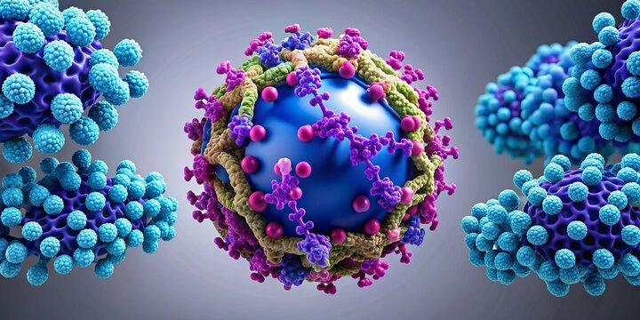 "Three dimensional illustration of ribosomes in a cell, molecular structure of ribosomal RNA and proteins, blue and purple colors prevail, amidst a subtle gray background."