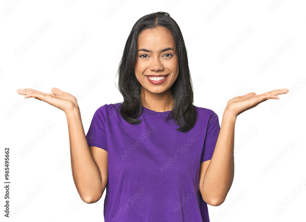 Wall mural young latina posing in studio makes scale with arms, feels happy and confident.