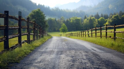 Fototapeta premium Tranquil asphalt road in Austria with a rustic wooden fence