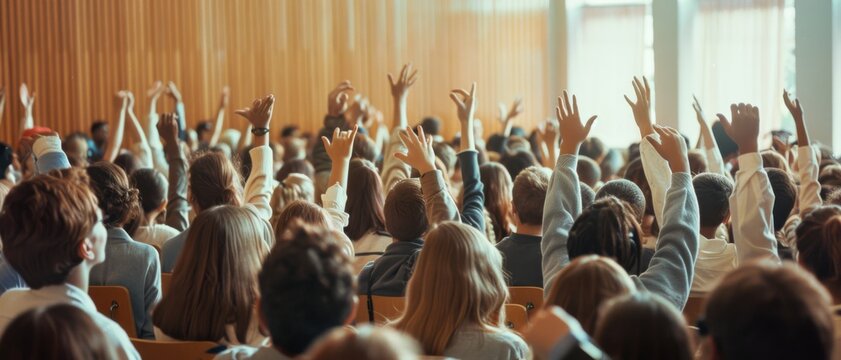 A large crowd of people eagerly raising their hands during an indoor event, capturing a moment of engagement and anticipation.