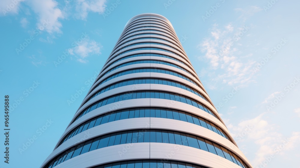 Poster futuristic twisting skyscraper with sky bridges - of modern architecture