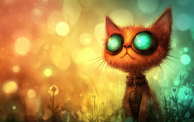 Naklejka premium Whimsical digital art of a cat with large glowing eyes, set against a colorful, bokeh background, showcasing a fantasy-themed, magical scene.