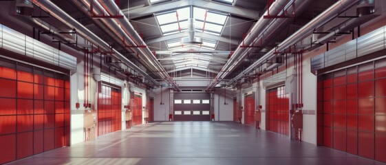 Fototapeta premium A brightly lit, spacious industrial warehouse with red doors and skylights, creating a symmetrical perspective and an organized, modern ambiance.