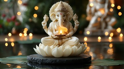 Fototapeta premium Ganesha Statue on Lotus Flower with Candle Light and Bokeh Lights