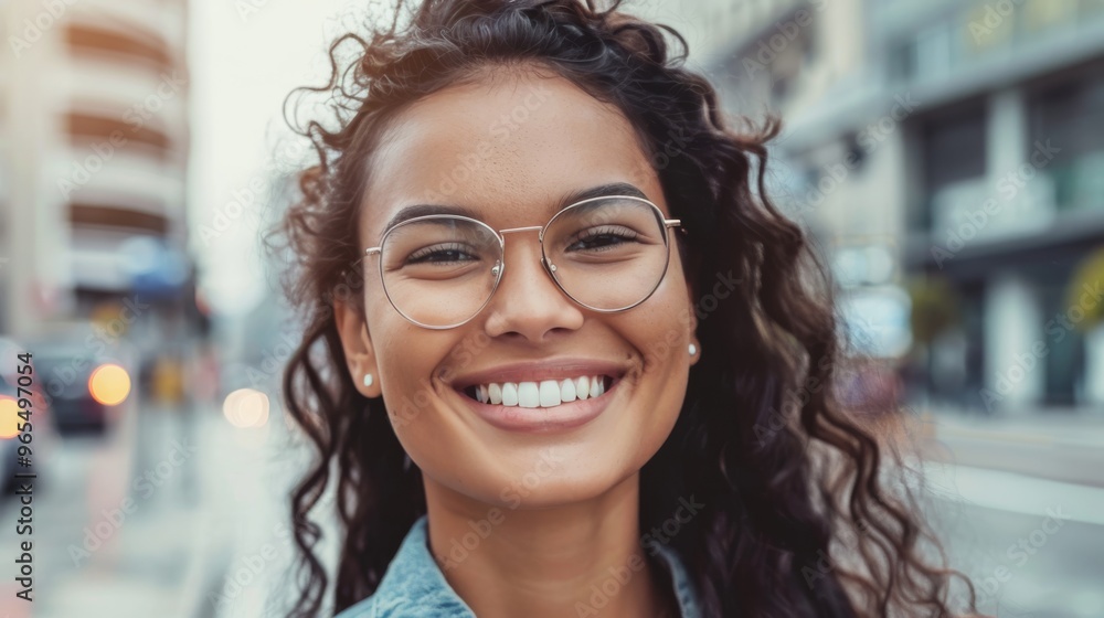 Wall mural Woman with a perfect white smile in casual clothes