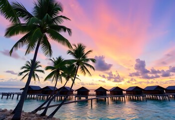 Tropical island resort with tree. Sunset over the beach