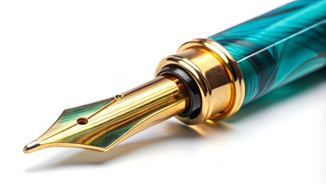 A majestic golden fountain pen nib is paired with a vibrant turquoise ballpoint tip, standing out against a pristine white background with a subtle black ink stain.