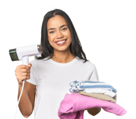 Positive Latina using a steam iron on clothes