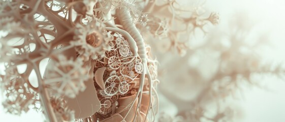 Naklejka premium A delicate structure of an organic heart linked with intricate gears, reflecting a harmonious blend of biological elements and mechanical precision.