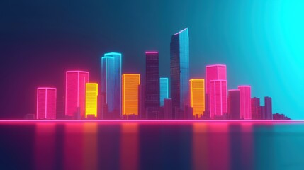 Futuristic Holographic Cityscape with Glowing Skyscrapers in Cyberpunk Style - with Neon Lights