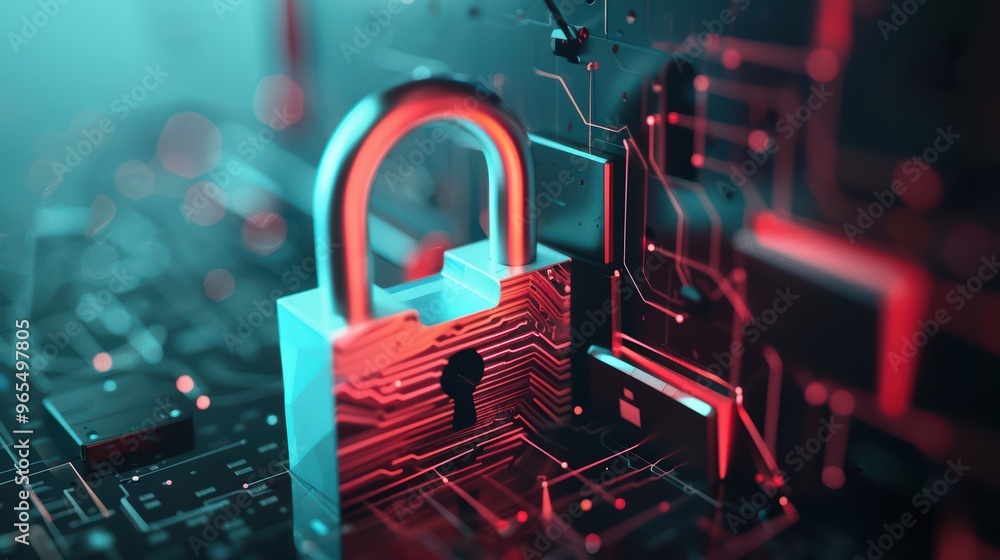 Poster a futuristic digital lock illustrates advanced cybersecurity concepts, symbolizing protection and da