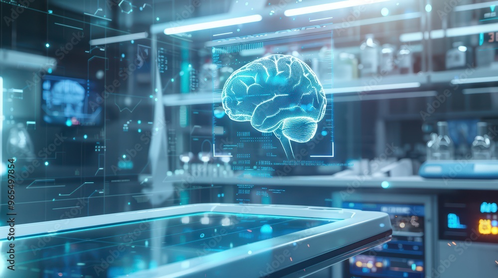 Poster a futuristic laboratory scene displaying a digital brain model, symbolizing innovation in neuroscien