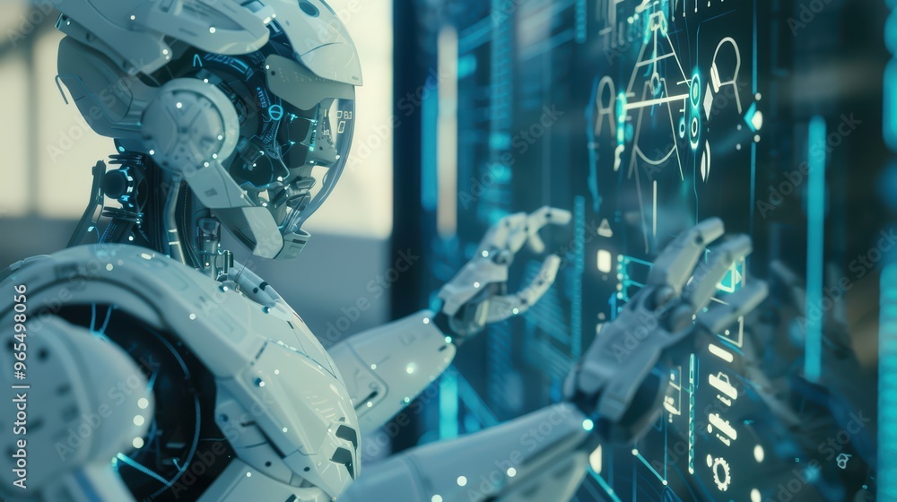 Poster a futuristic robot interacts with a digital interface, showcasing advanced technology and artificial
