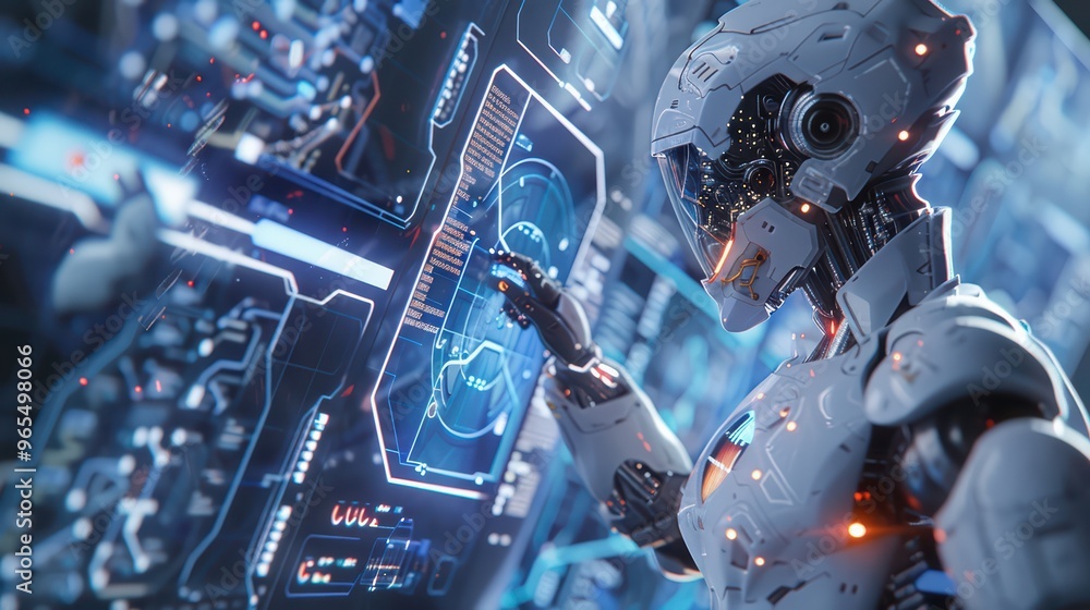 Poster a futuristic robot interacts with advanced technology in a high-tech environment, showcasing innovat