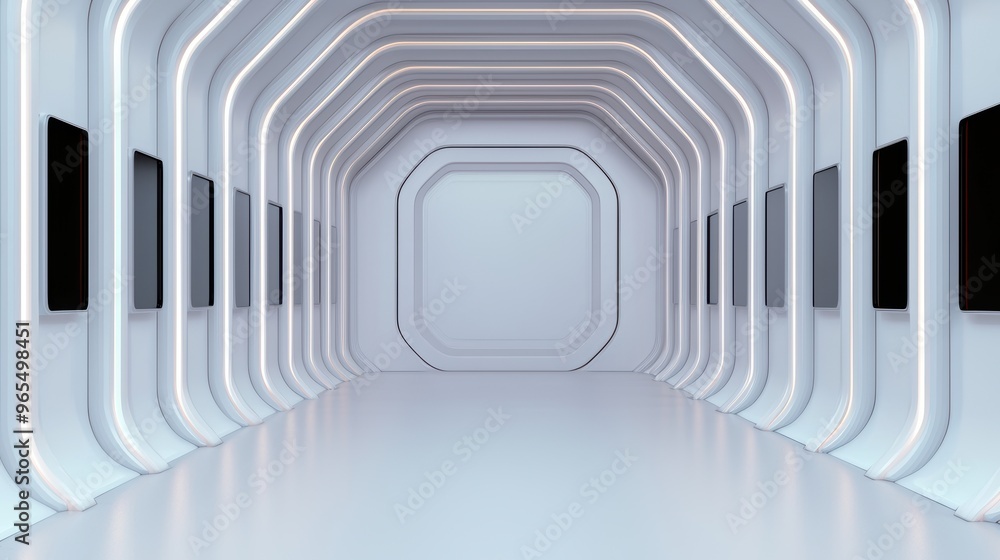 Poster futuristic high-tech office with transparent walls and digital screens - with copy space, selective 