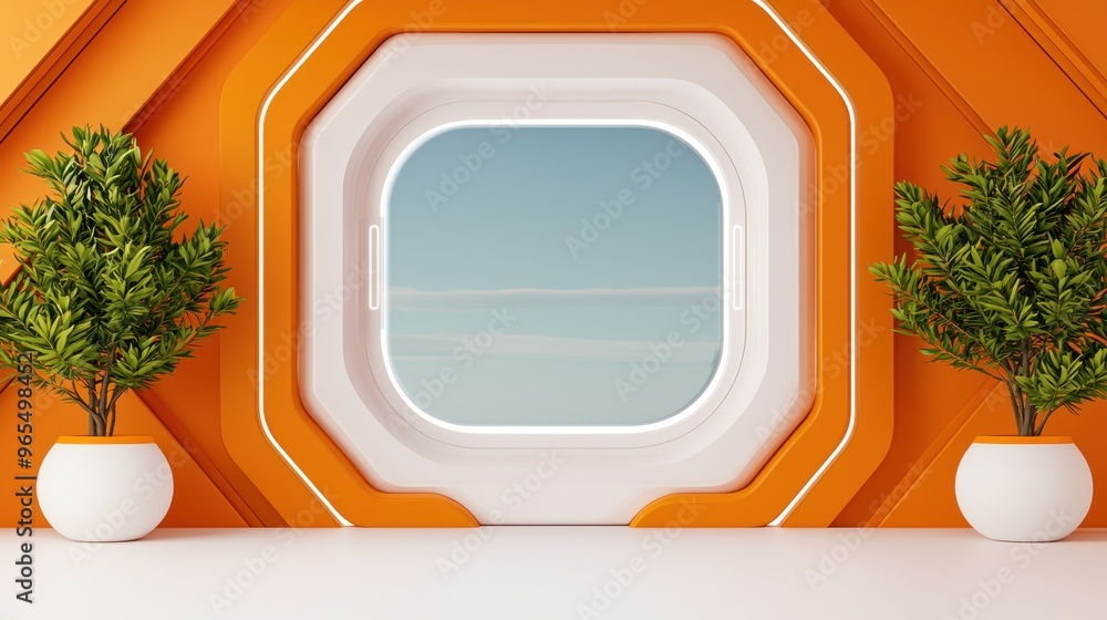 Poster futuristic high-tech office with transparent walls and digital screens in with copy space, selective