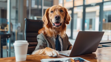 A golden retriever dressed in a suit works on a laptop in a modern office, showcasing a humorous take on professional life.