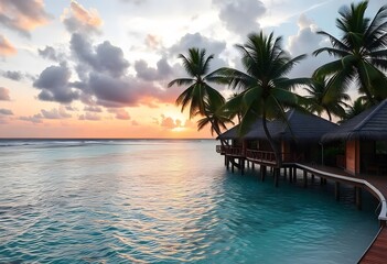 Fototapeta premium Tropical island resort with tree. Sunset over the beach