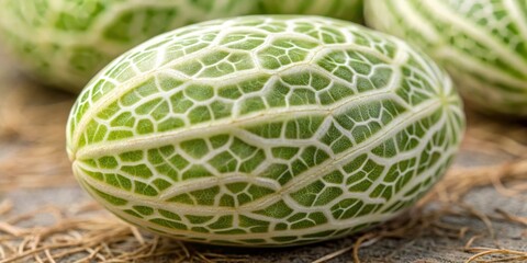 Obraz premium A delicate, lacy pattern of green and white veins crisscrosses the surface of a plump, pale beige toe bean, its shape reminiscent of a miniature melon.