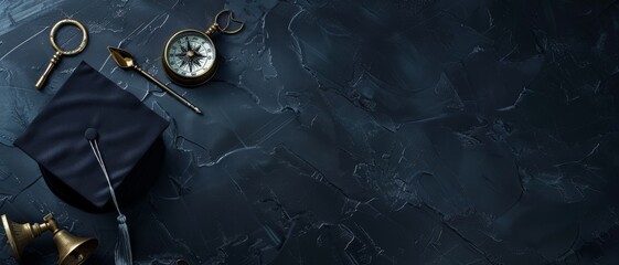 A flat lay of a graduation cap, compass, and key positioned on a black textured background, symbolizing direction and achievement.