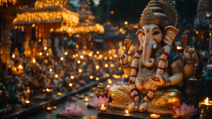 Obraz premium Ganesha Statue Hindu God Idol Deity with Lotus Flower and Candles
