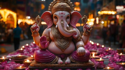 Fototapeta premium Ganesha Statue with Burning Diyas and Lotus Petals