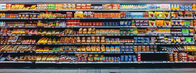Colorful snacks and beverages on supermarket shelves