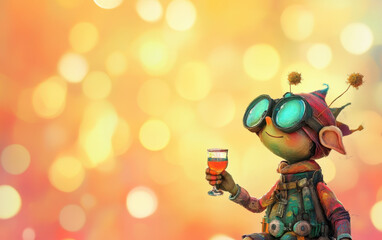 Fototapeta premium Whimsical robot character with large glasses holding a drink, surrounded by a cheerful bokeh background, creating a playful atmosphere.