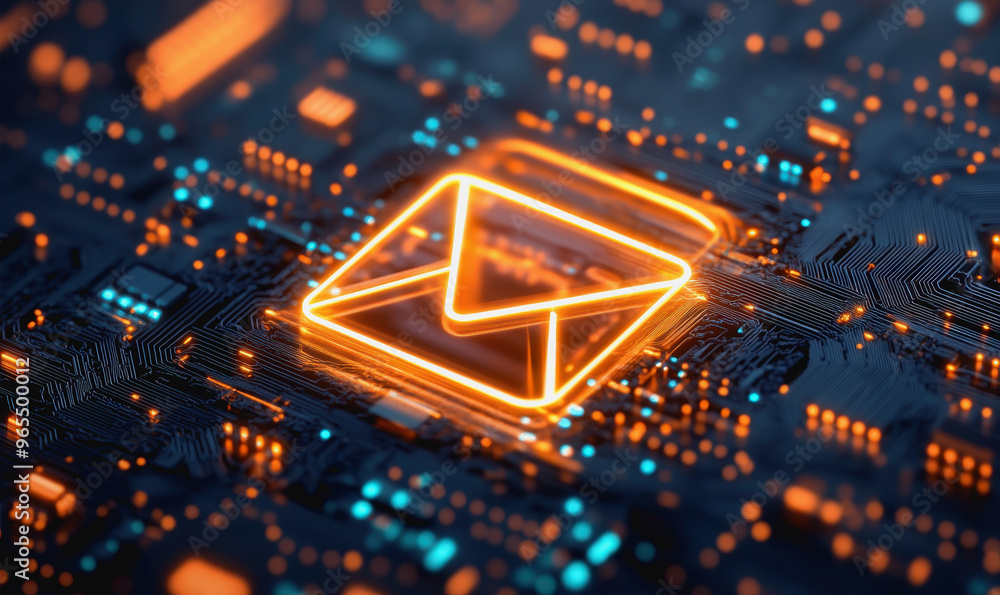 Poster neon email icon floating above intricate circuits, representing digital communication technology
