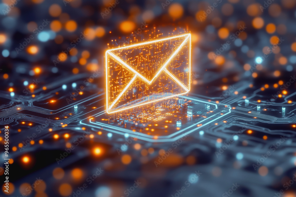 Poster neon email icon floating above intricate circuits, representing digital communication technology