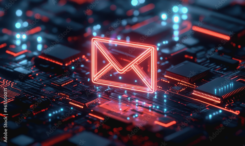 Poster neon email icon floating above intricate circuits, representing digital communication technology