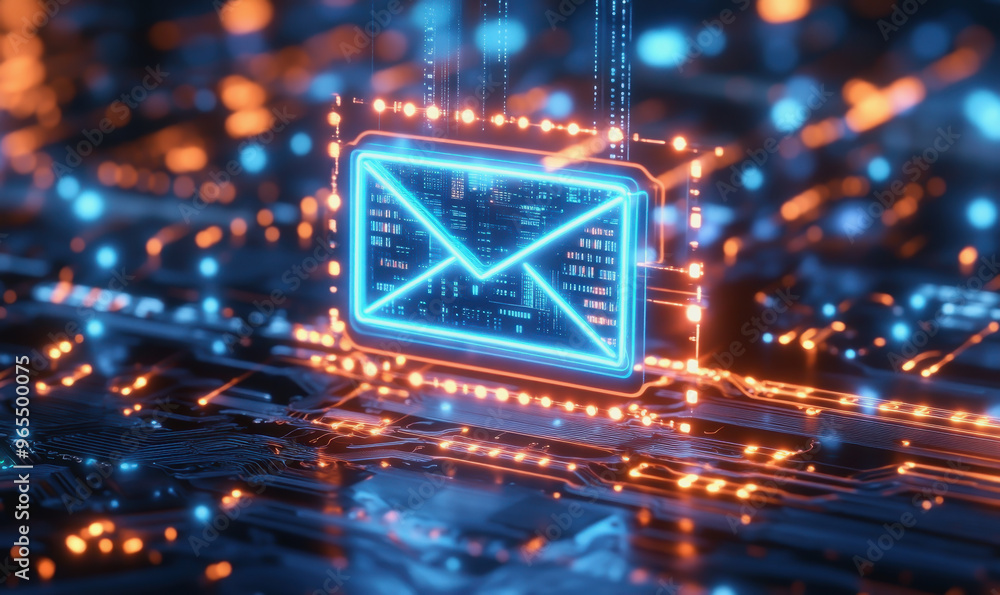 Poster neon email icon floating above intricate circuits, representing digital communication technology