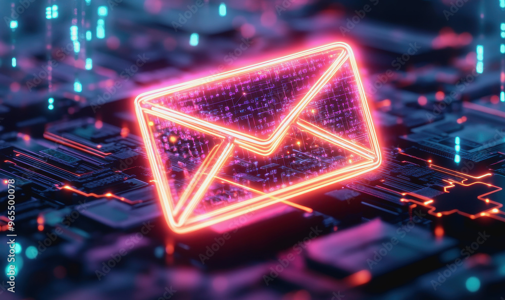 Poster neon email icon floating above intricate circuits, representing digital communication technology