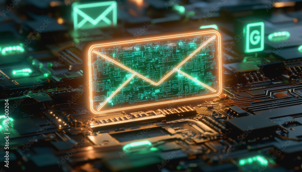 Poster neon email icon floating above intricate circuits, representing digital communication technology