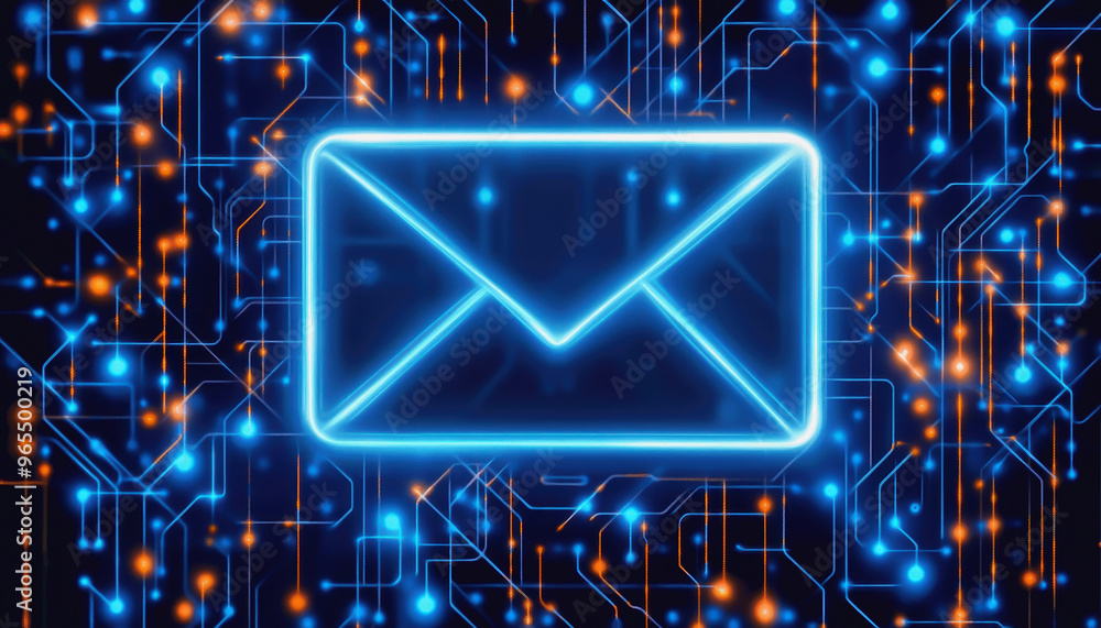 Poster neon email icon floating above intricate circuits, representing digital communication technology