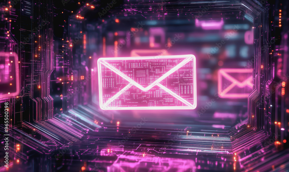 Poster neon email icon floating above intricate circuits, representing digital communication technology