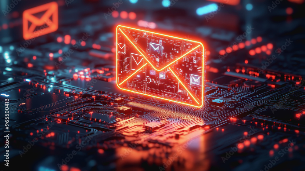 Poster neon email icon floating above intricate circuits, representing digital communication technology