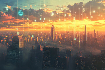 Fototapeta premium Futuristic cityscape at sunset with currency symbols in the sky, showcasing the global economy and urban skyline at night