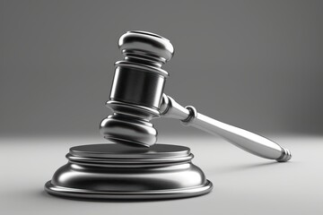 A polished silver gavel resting on a round base, symbolizing justice and authority in a legal setting.