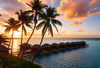 Tropical island resort with tree. Sunset over the beach