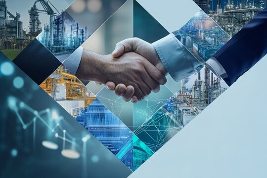 Handshake of Partnership: A Collage of Industry, Technology, and Connection - Powered by Adobe