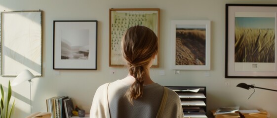 A woman with a simple ponytail stands thoughtfully in front of a wall of framed photographs in an art studio, with light streaming in from a nearby window.
