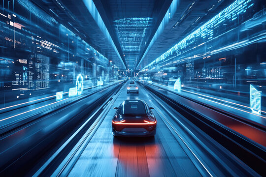 Futuristic transportation concept with autonomous cars moving in a smart city, using artificial intelligence to manage traffic and improve safety