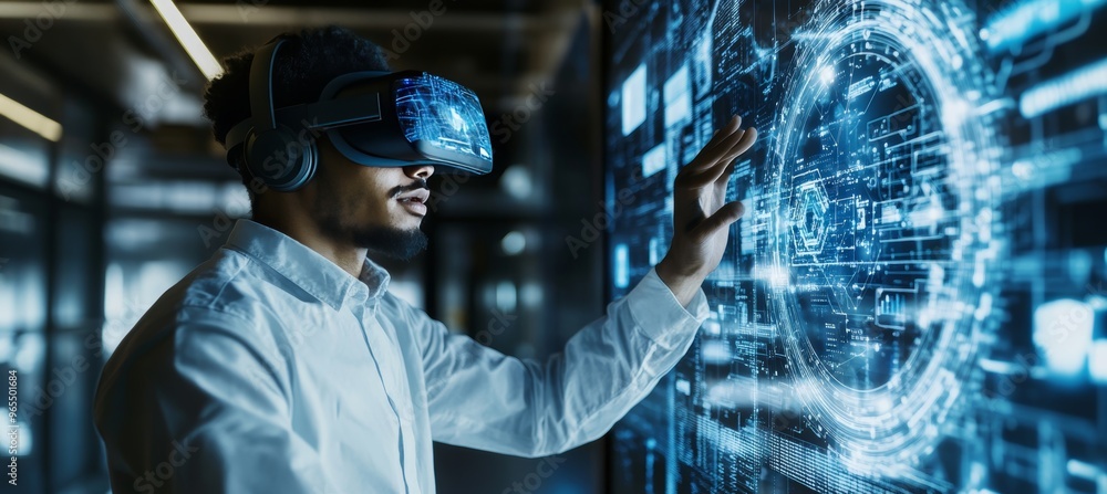 Poster man exploring virtual reality using a vr headset, interacting with a holographic user interface