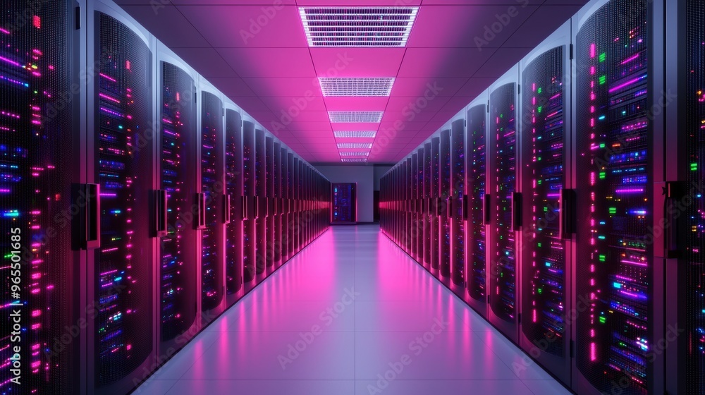 Poster futuristic data center with glowing servers and cutting-edge cooling systems in simulation