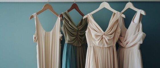A lineup of four elegant dresses on wooden hangers against a teal wall, showcasing diverse styles and light pastel hues in a serene, minimalist setting.