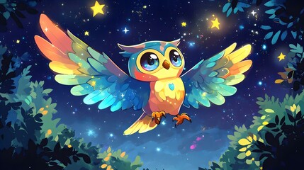 Obraz premium Charming Chibi Fairy Owl, vibrant pastel wings, whimsical flight, enchanting forest backdrop, soft glow illuminating delicate features