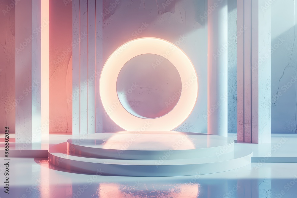 Poster a serene, illuminated setting featuring a glowing ring on a platform, surrounded by modern architect